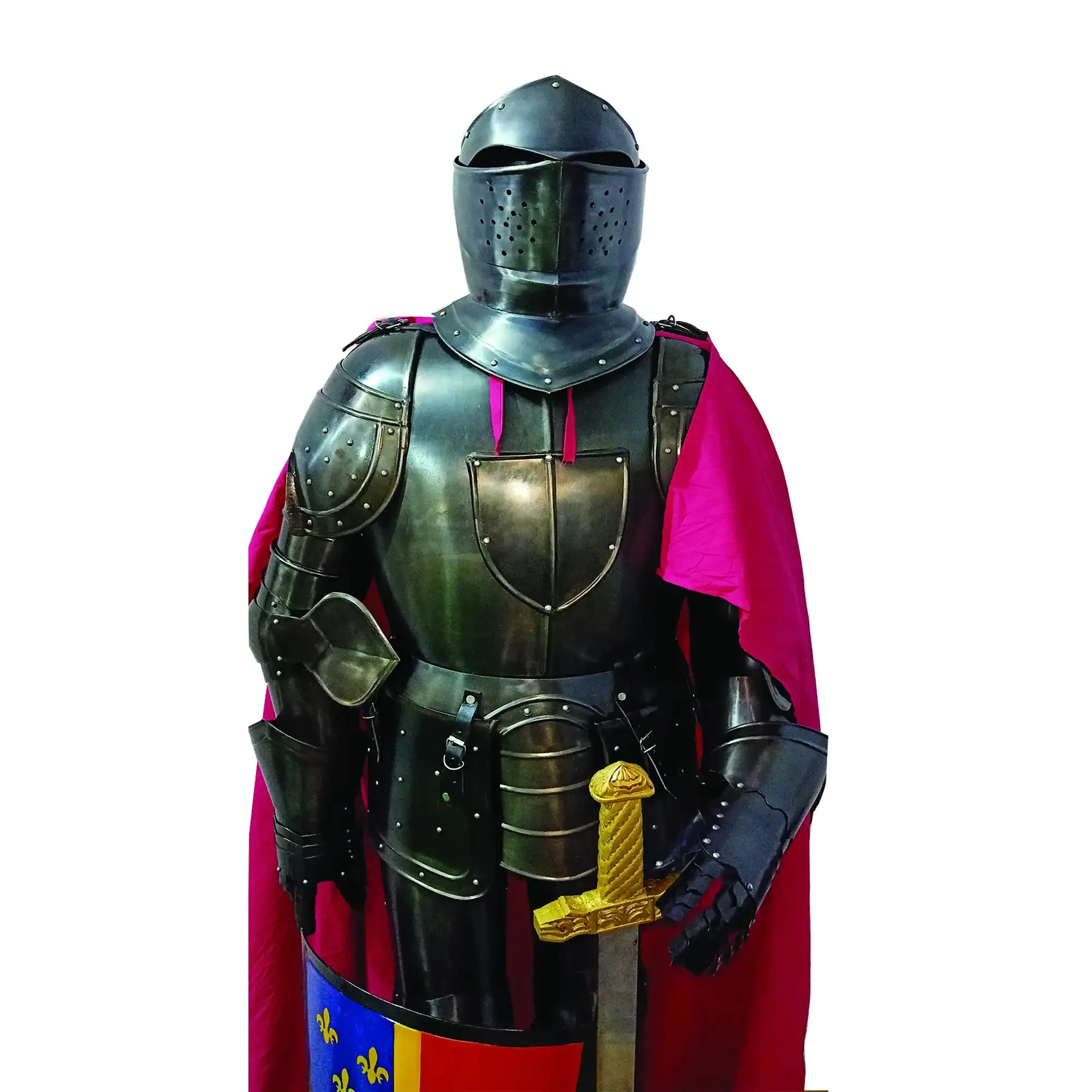 Black Knight Medieval Armor Suit with Sword Shield and Cloak