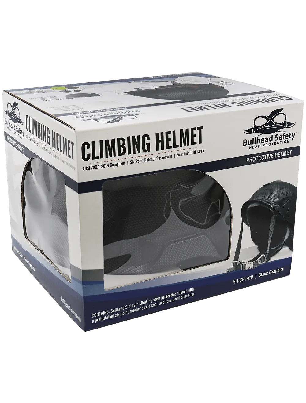 Bullhead Safety™ Head Protection - Matte Black Graphite Climbing Style Protective Helmet with Six-Point Ratchet Suspension and Four-Point Chin Strap - HH-CH1-CB