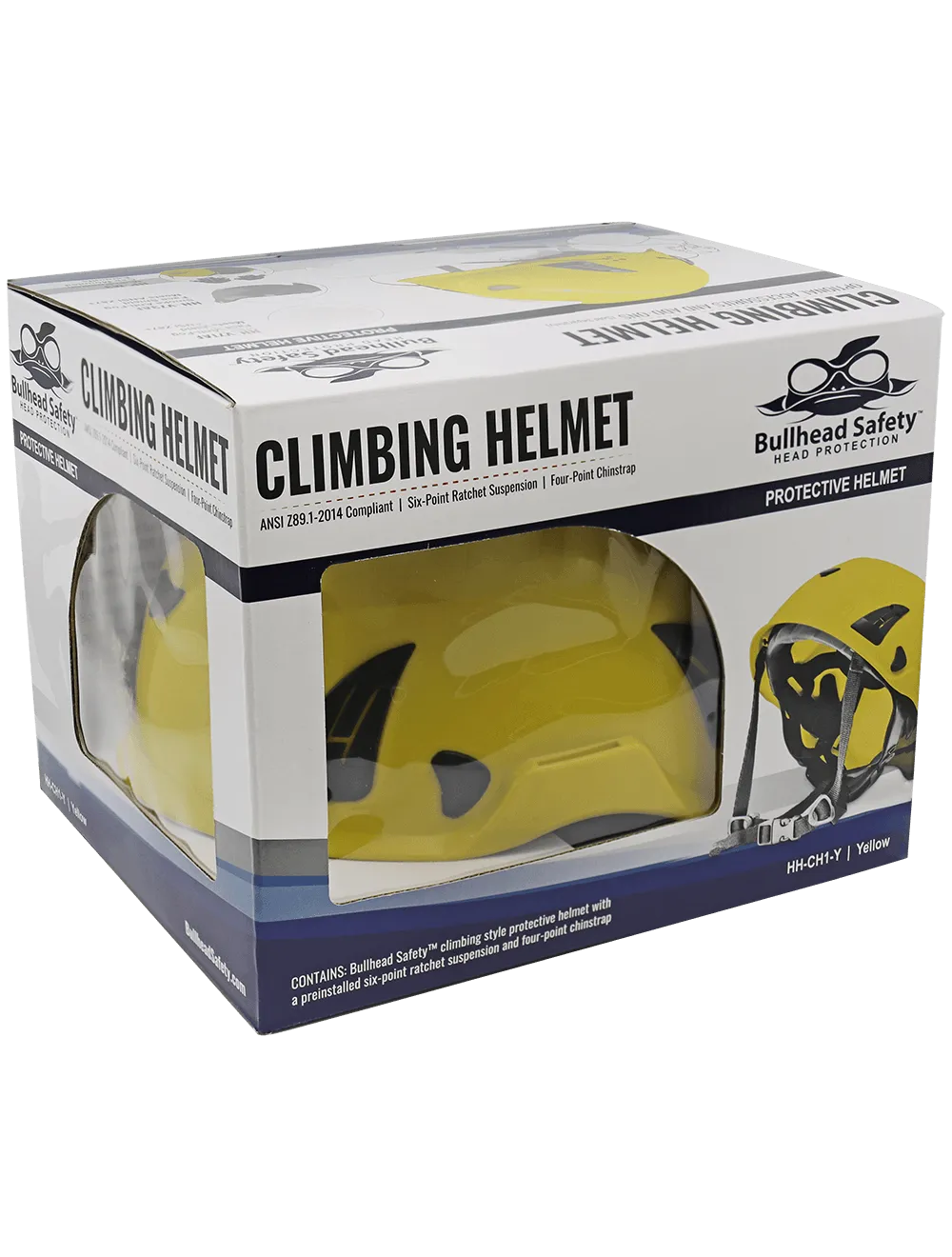 Bullhead Safety™ Head Protection - Yellow Climbing Style Protective Helmet with Six-Point Ratchet Suspension and Four-Point Chin Strap - HH-CH1-Y