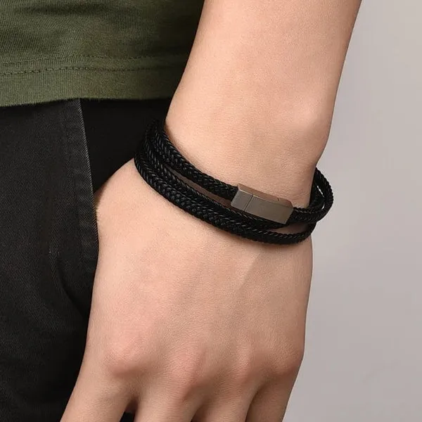 Classy Men Black Multi-Layer Braided Leather Bracelet