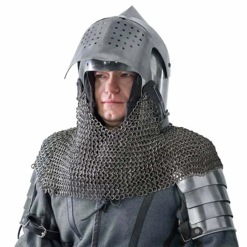 Optimized Title: Premium 18-Gauge Steel Medieval Bascinet Helmet with Aventail for SCA Combat