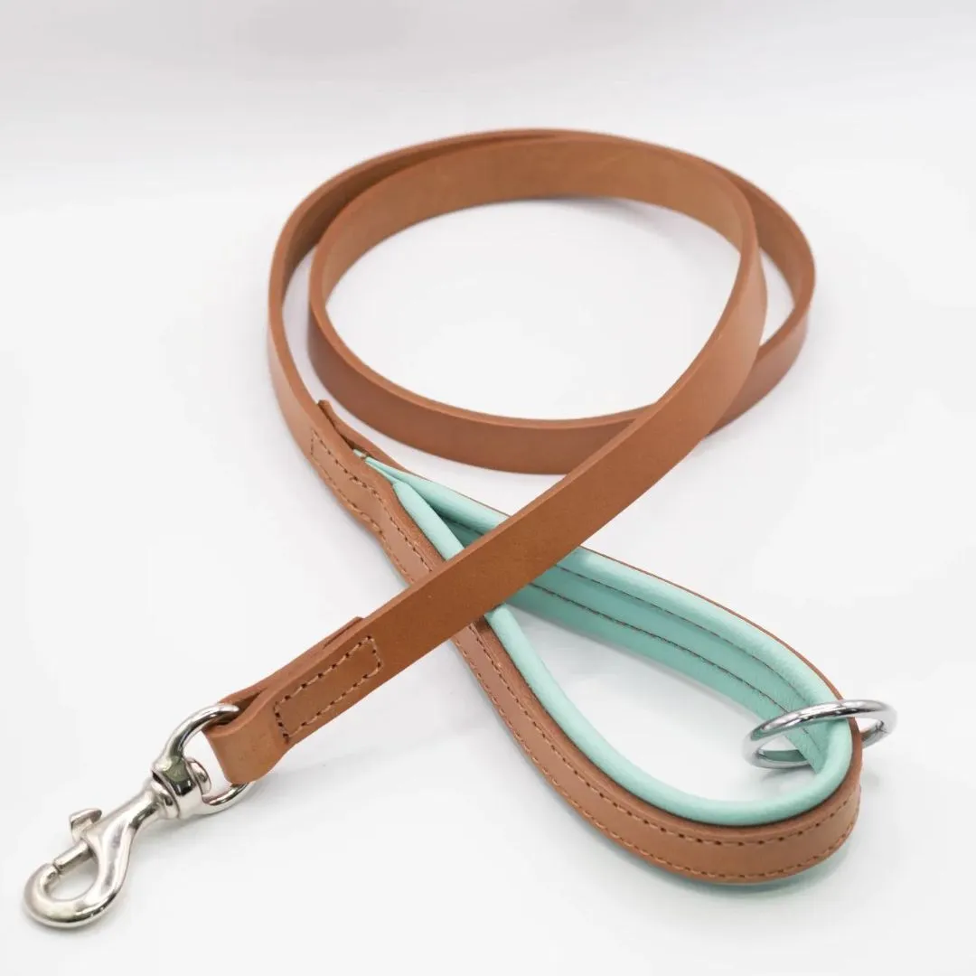 Dogs & Horses Luxury Padded Leather Dog Lead Tan & Aqua