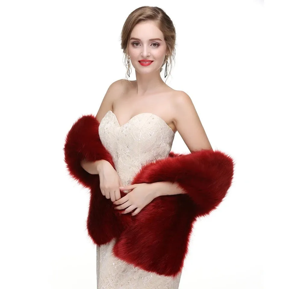 Great Gatsby 1920's Bridal Wedding Faux Fur Shawl Wrap - Burgundy