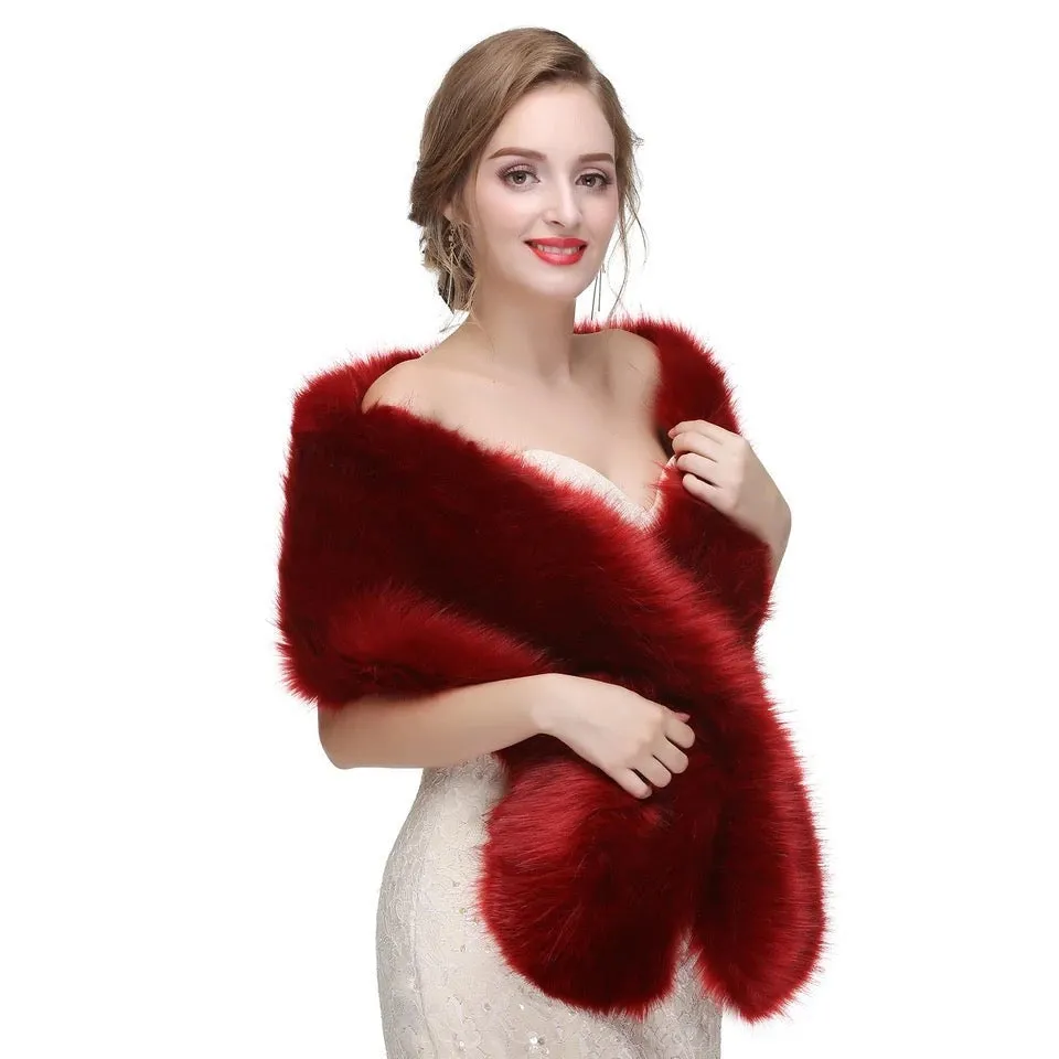 Great Gatsby 1920's Bridal Wedding Faux Fur Shawl Wrap - Burgundy