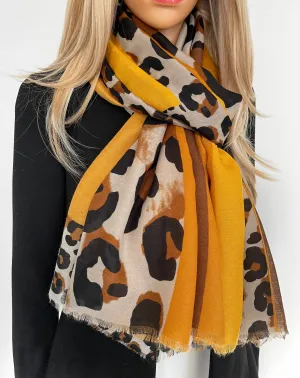 LARGE MUSTARD YELLOW BLOCK PRINT LEOPARD PRINT SHAWL SCARF