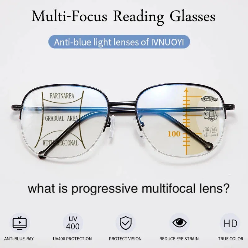 Metal Progressive Anti Blue Ray UV Protect Multifocal Reading Glasses