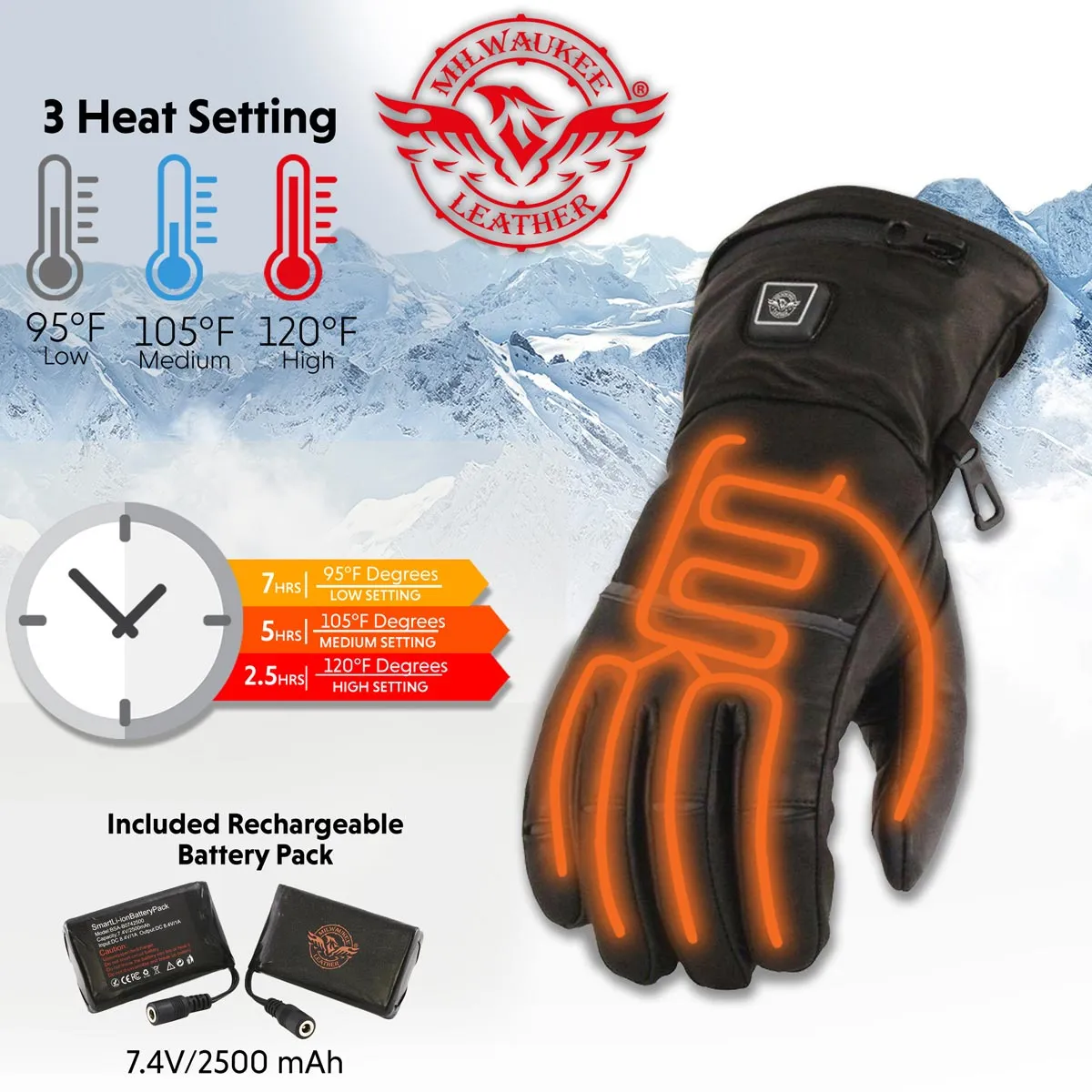 Milwaukee Leather MG7513SET Men’s Heated Winter Gloves for Motorcycle Ski Hunting w/ Battery/Harness Wire and i-Touch