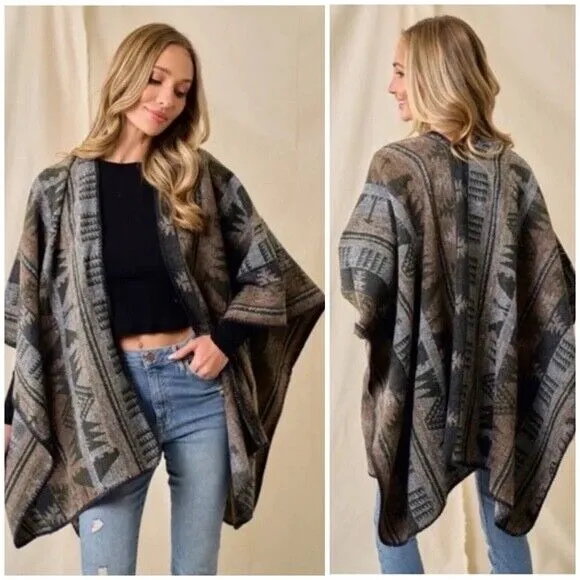 Olive Multi Western Aztec Pattern Knit Sweater Shawl Open Wrap Fall Poncho