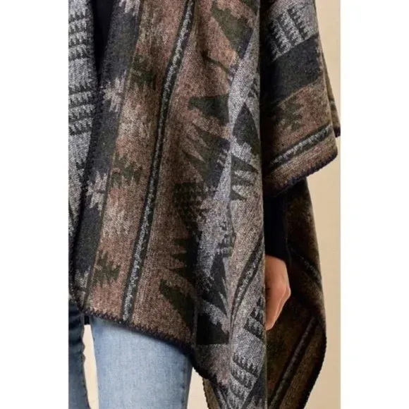 Olive Multi Western Aztec Pattern Knit Sweater Shawl Open Wrap Fall Poncho