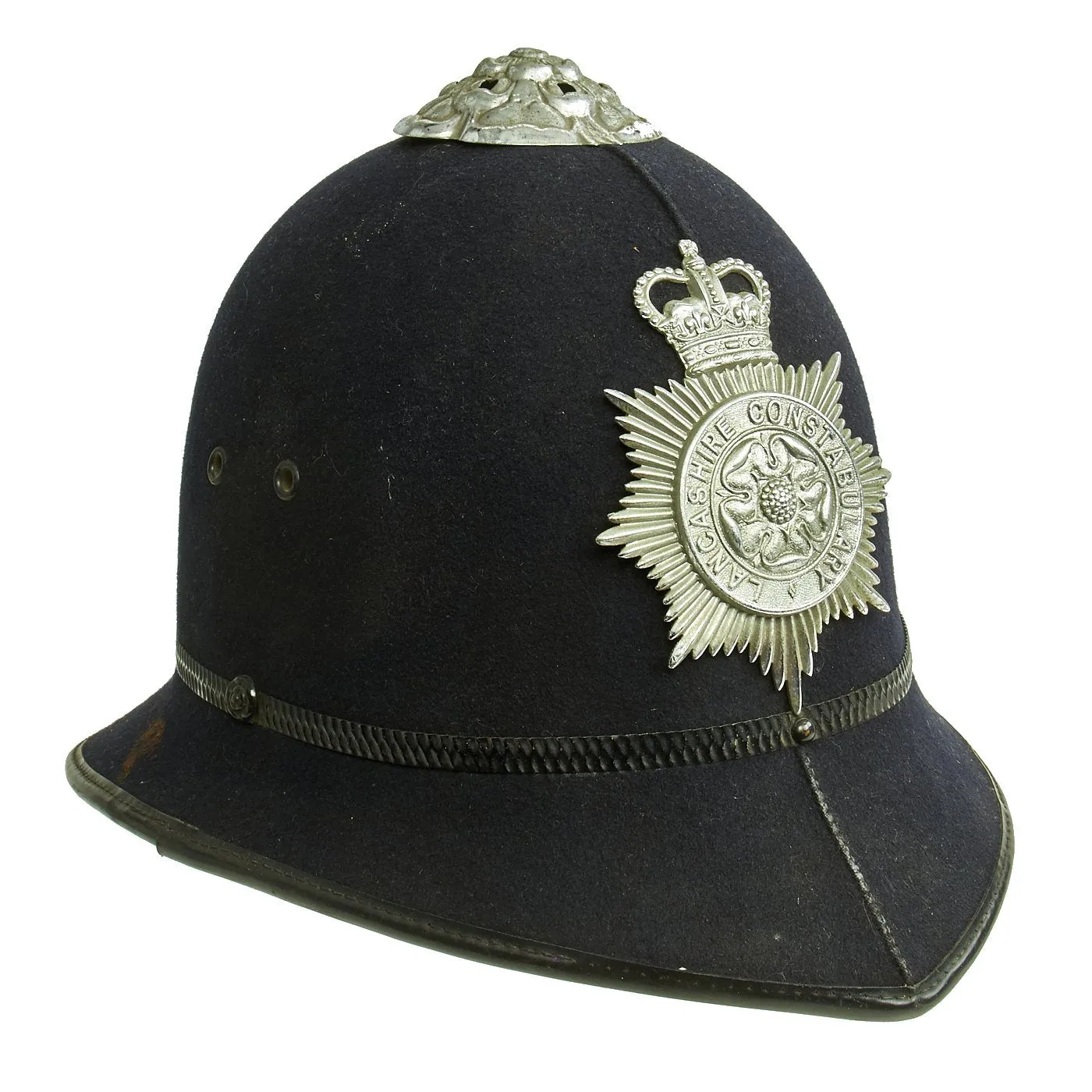 Original British Queen's Crown Rose Top Bobby Helmet from the Lancashire Constabulary