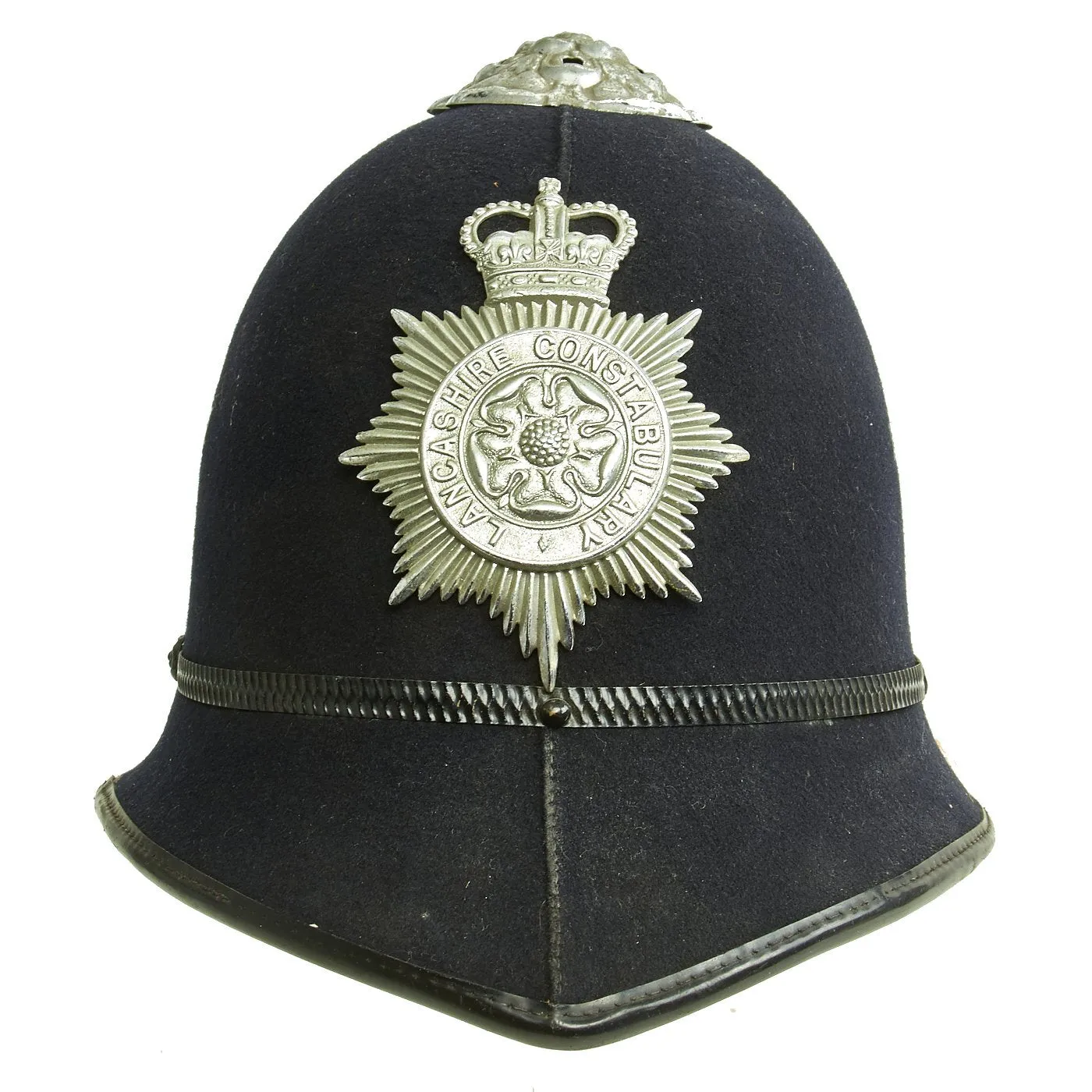 Original British Queen's Crown Rose Top Bobby Helmet from the Lancashire Constabulary