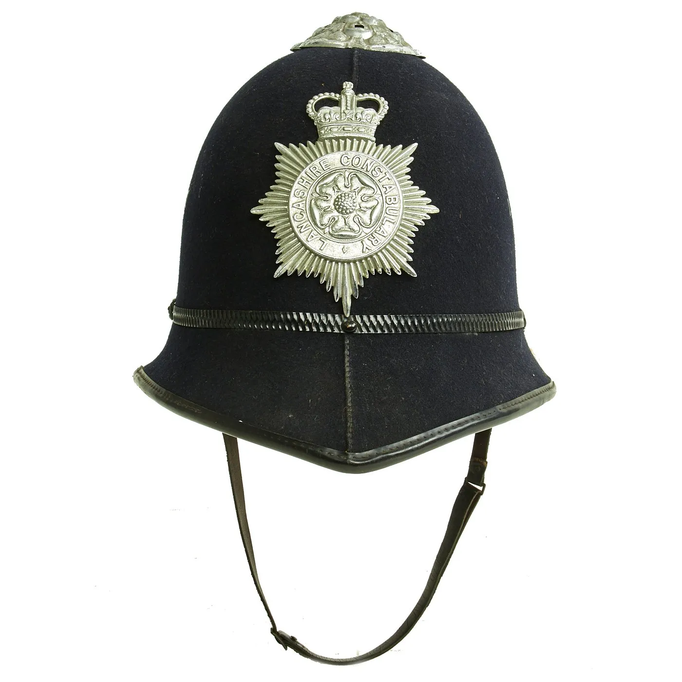 Original British Queen's Crown Rose Top Bobby Helmet from the Lancashire Constabulary