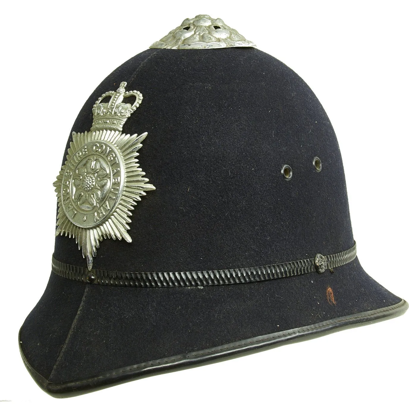 Original British Queen's Crown Rose Top Bobby Helmet from the Lancashire Constabulary