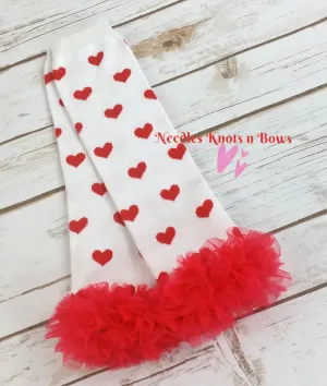 Red Hearts on White with Red Ruffles Leg Warmers, Girls