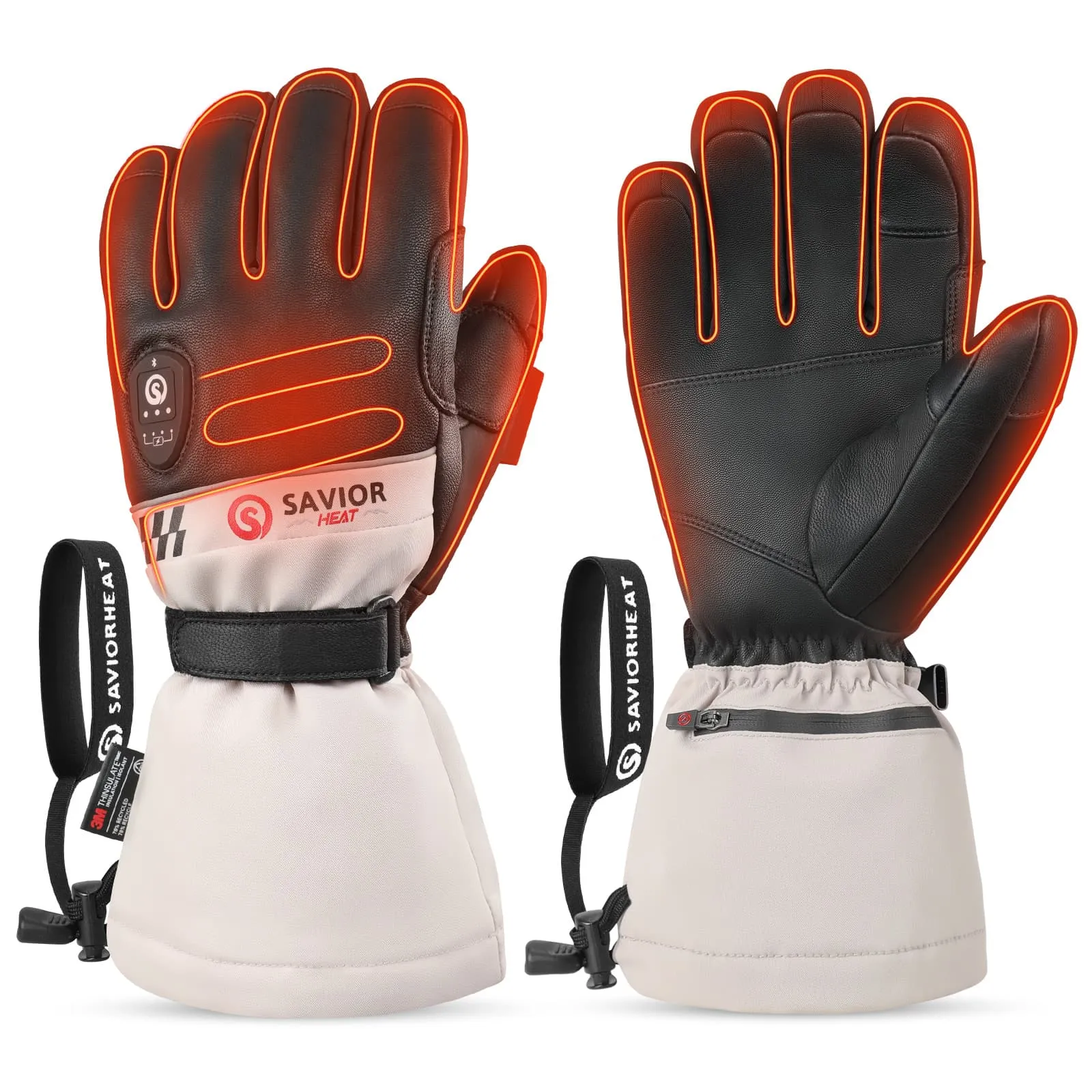 Savior Heated Ski Gloves 2.0 Upgraded Bluetooth Control, Pre-Curved Fingers waterproof Goatskin