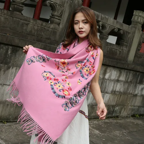 Thickened imitation cashmere embroidered scarf shawl dual-purpose autumn and winter warmth, large size high-end retro national style