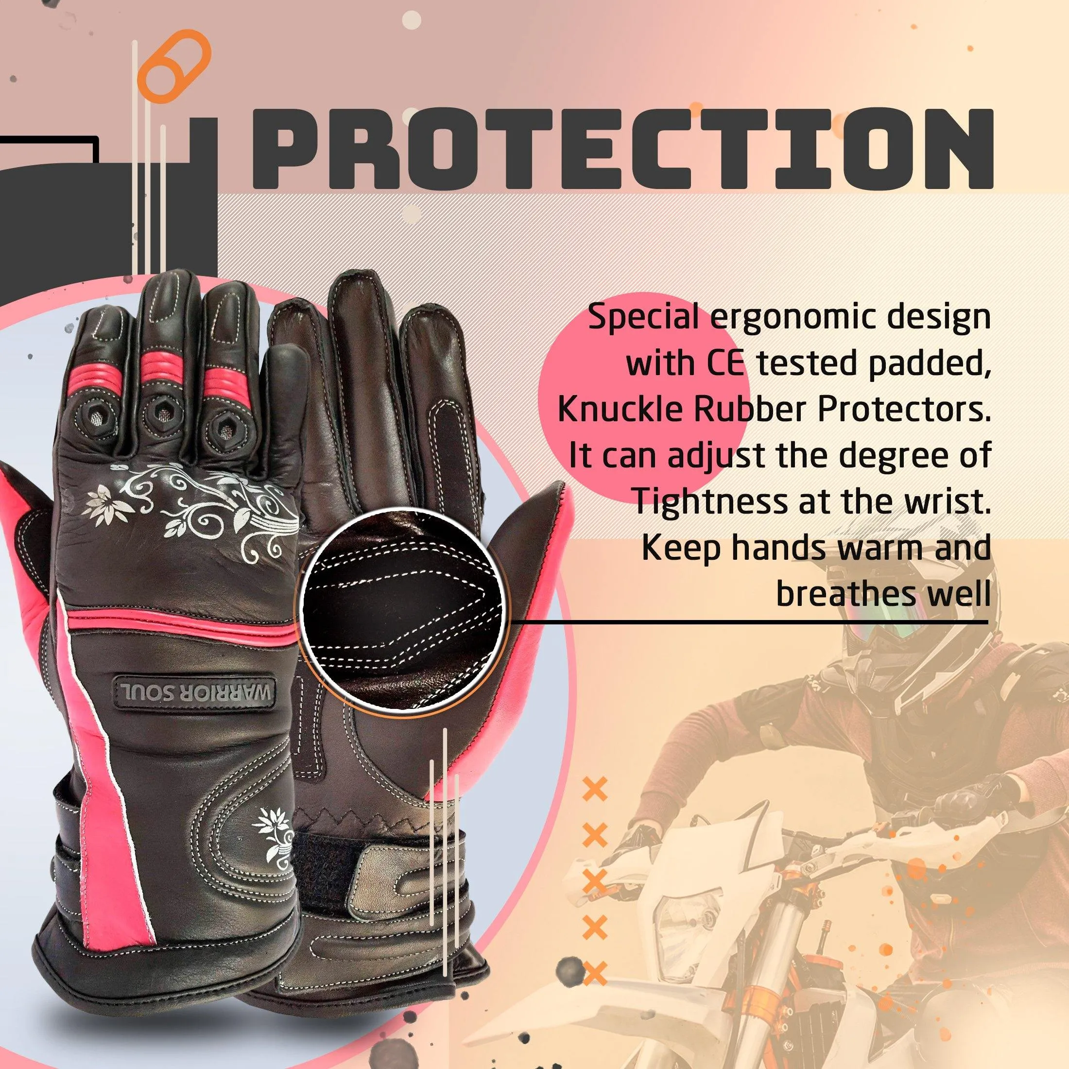 Warrior Gears® Ladies Motorcycle Gloves | Leather Graphic Biker Glove